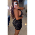 C6757 cross-border   fashion women's solid color mesh rhinestone backless mini dress