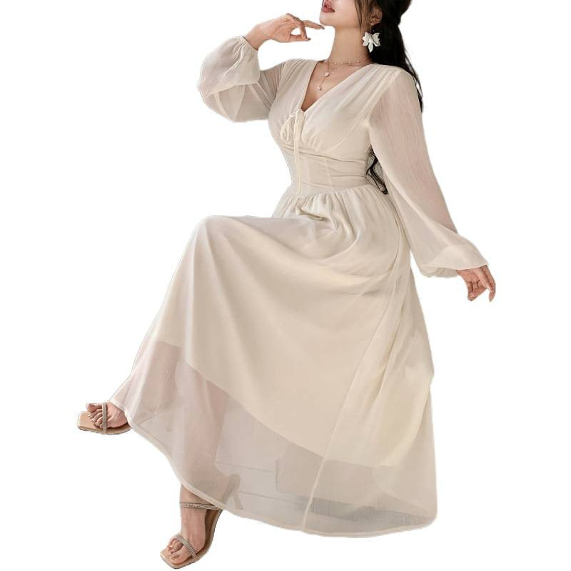 Women's spring/summer fashionable and elegant solid color v-neck tie-waist long sleeve a-line maxi party dress