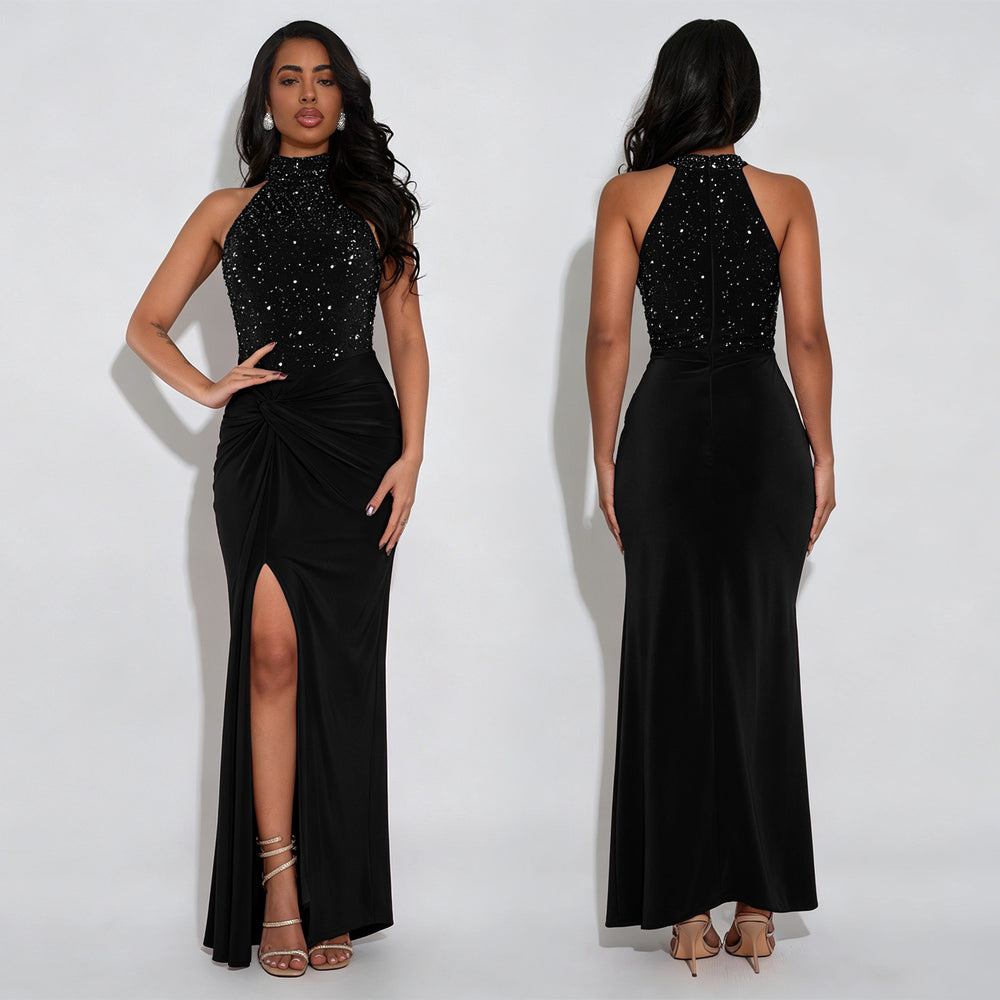 C7706 cross-border   fashion women's sexy off-shoulder rhinestone beaded slit dress