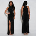 C7706 cross-border   fashion women's sexy off-shoulder rhinestone beaded slit dress