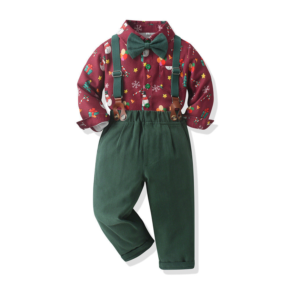 Boys' suit set - new export style, kids' christmas gentleman outfit, long-sleeve plaid shirt, autumn/winter green overalls
