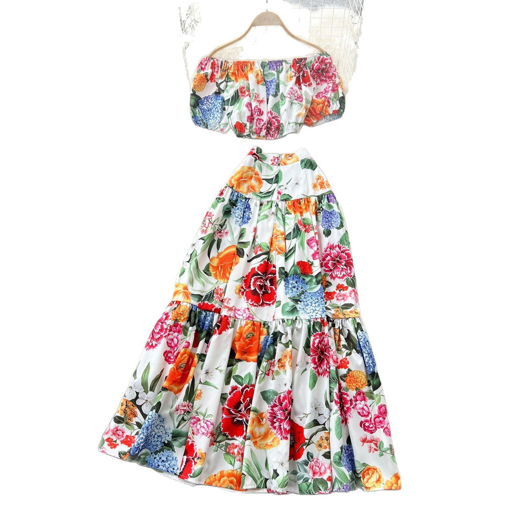 European and american hot girl style printed off-the-shoulder puff sleeve top + high-waisted slimming long midi skirt set for women - summer collection