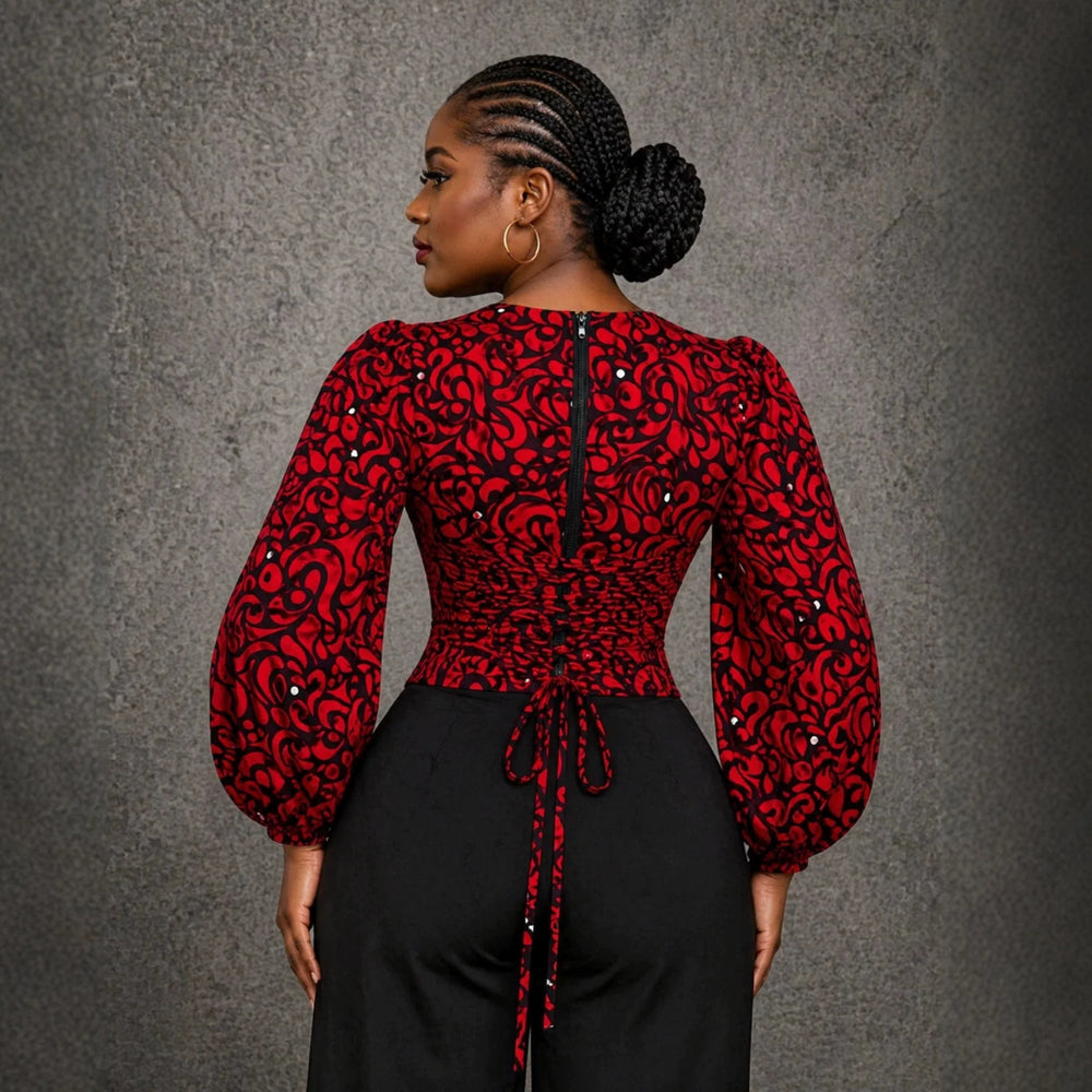 European and american cross-border african women's clothing  summer new arrival: elegant v-neck printed bubble sleeve tie-waist blouse