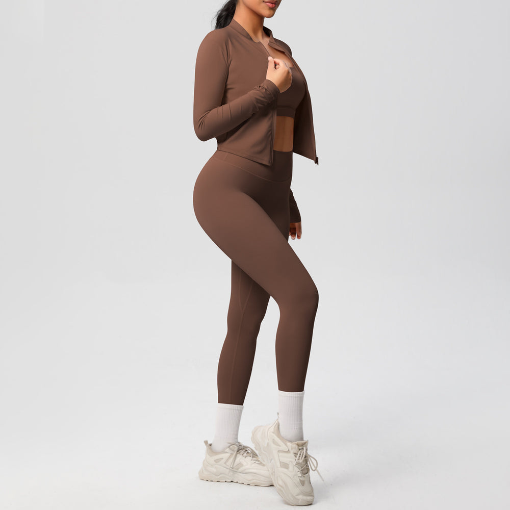 fashionpure color double-sided brushed tight sports yoga clothes three-piece set running fitness yoga clothes suit for women
