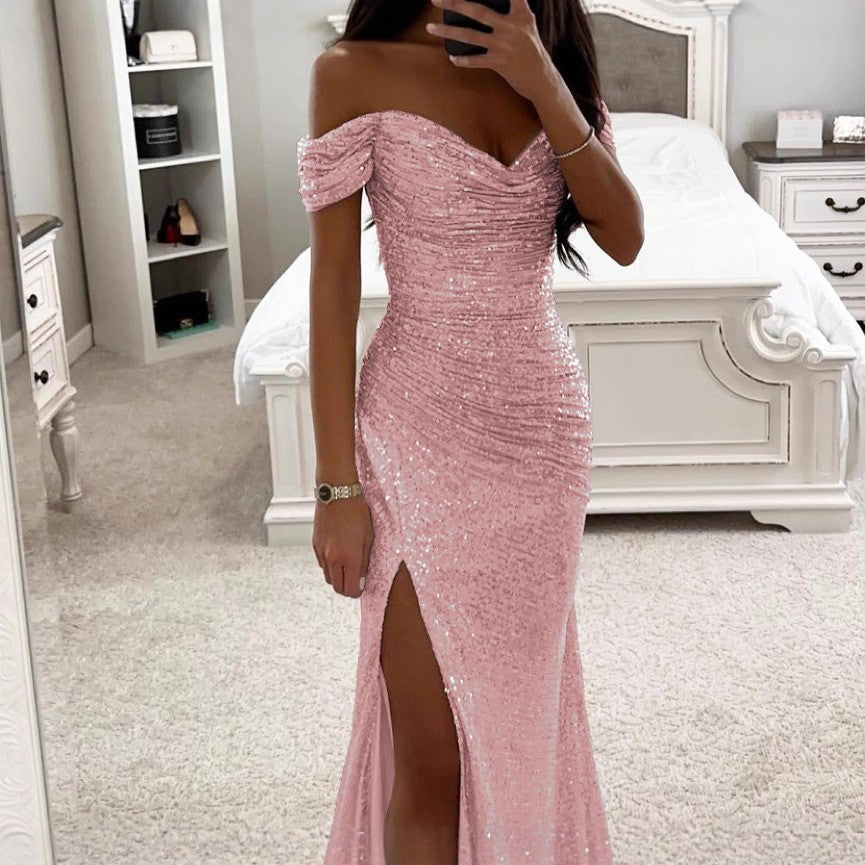 european and american new arrival sequin off-the-shoulder slit dress - ins casual fashion women's dress