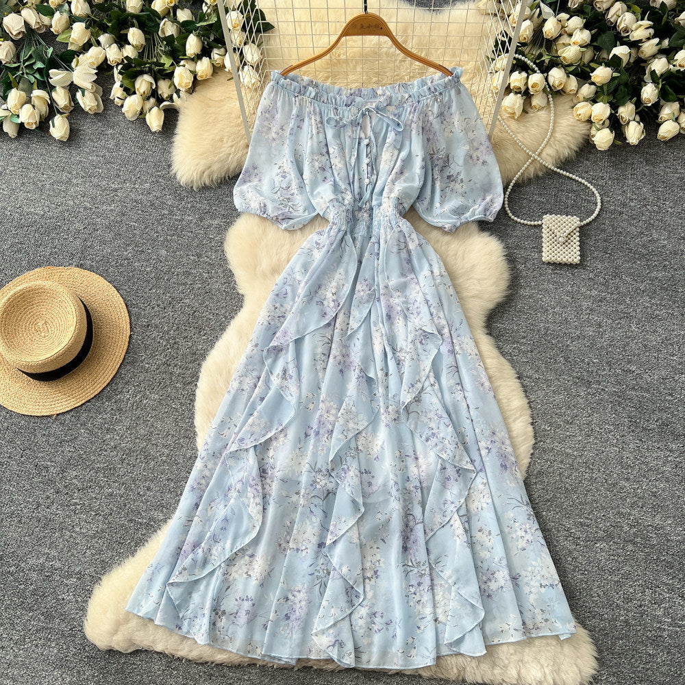 K-style floral dress for women, summer v neck, short-sleeved waist, a-line long skirt, holiday style elegant skirt