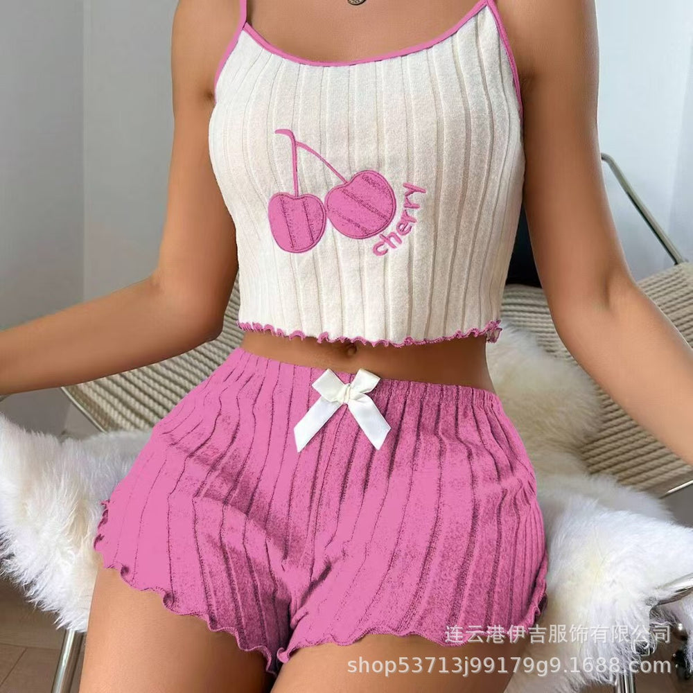 Hot-selling cross-border e-commerce  style european and american embroidered pajamas, brushed camisole and shorts loungewear set