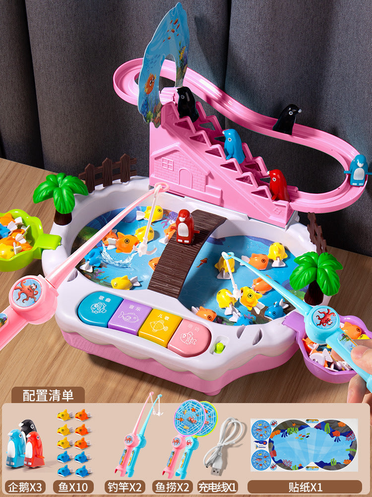 Magnetic levitation track electric fishing children's early education puzzle can add water sliding music fishing table toys boys and girls