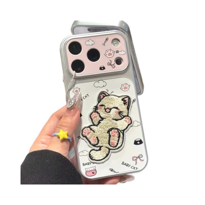 Suitable for iphone18 embroidered cat mobile phone case apple 17promax pink lens cute 16 anti-fall protective case