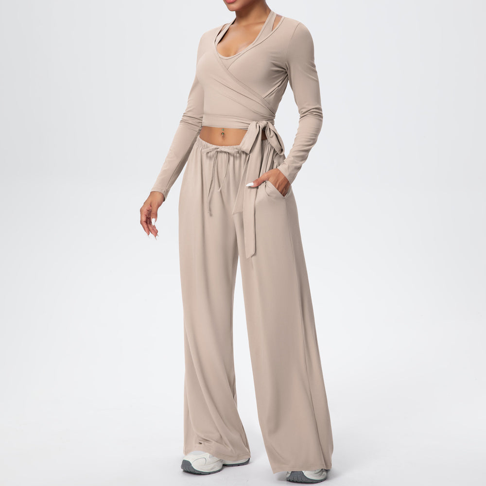 New brushed fleece quick-dry yoga outfit set - three-piece activewear with drawstring and tie details for sports, outdoor training, running, and fitness