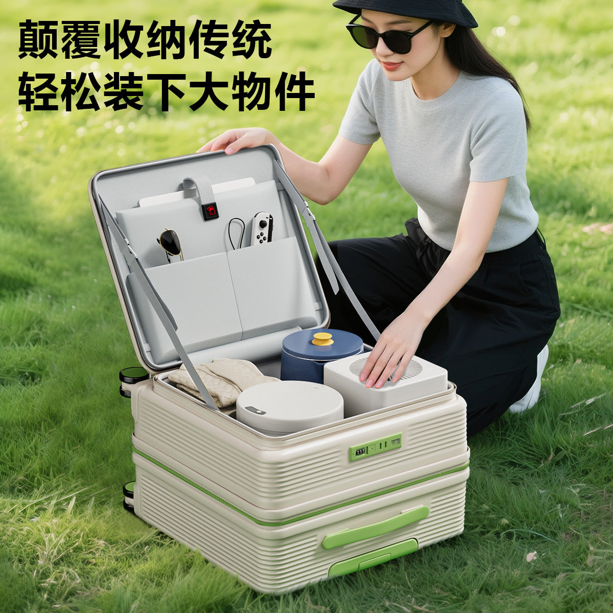 Side open small suitcase short trip 20-inch parent-child travel artifact can sit boarding trolley case for men, women and children