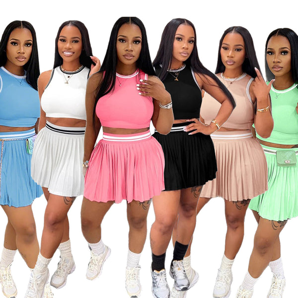 TD2806 European and American  women's clothing   sleeveless short vest casual pleated skirt set