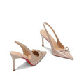 Nude high heels for women 2026 summer new arrival open back pointed toe stiletto shallow elegantflats red bottom bows sandals
