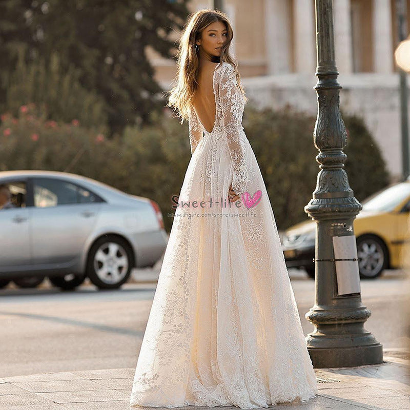 cross-border e-commerce women's wedding dress  sexy lace long sleeve vacation dress evening party gown spring