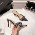 Wo huizhou 2026 new arrival high heels fashion tweed style pointed toe stiletto open toe woolen dark brown woolen black