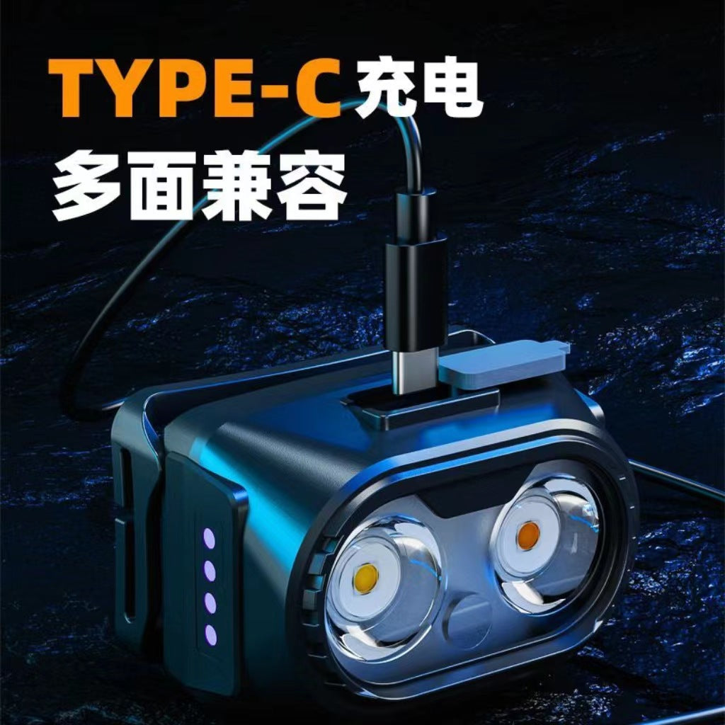 Dual light source led strong light headlight rechargeable long battery life night fishing special head-mounted typec rechargeable flashlight