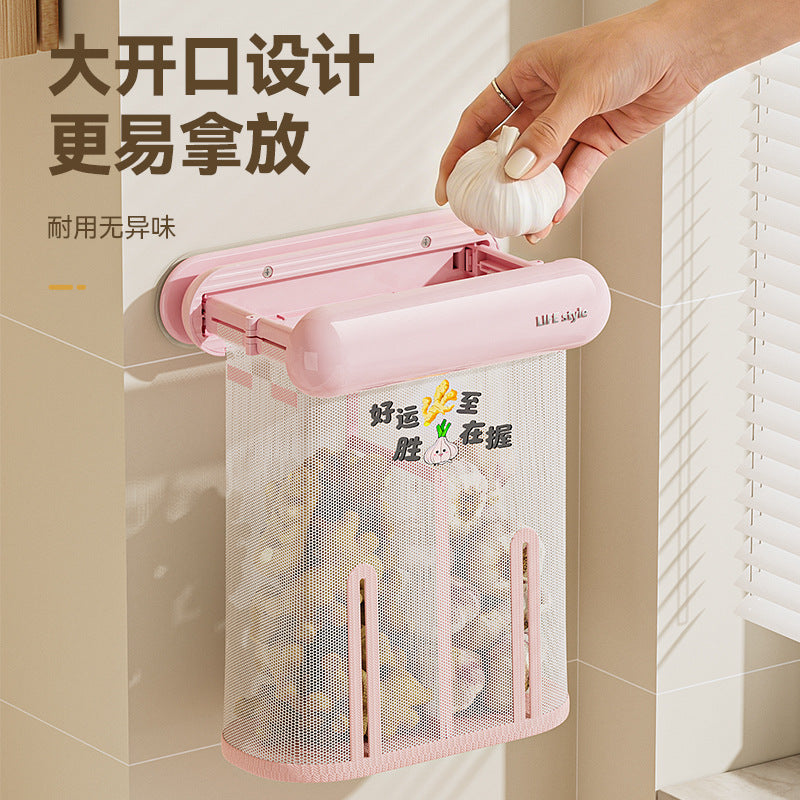 Kitchen wall-mounted ginger, onion and garlic punch-free installation breathable mesh bag ventilation and preservation detachable washable easy-to-clean storage bag