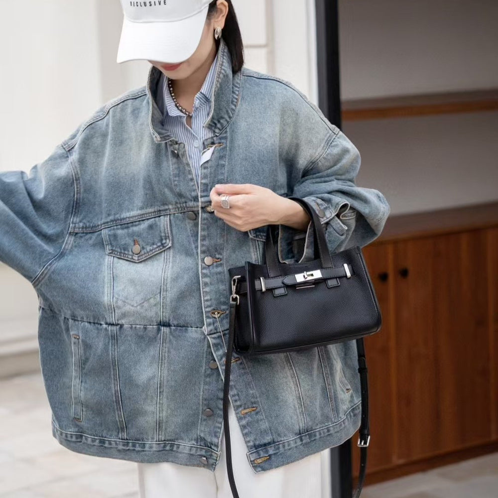First-layer cowhide niche style design tote bag classy sense 2024fall and winter novice hand-held kelly bag shoulder crossbody bag for women