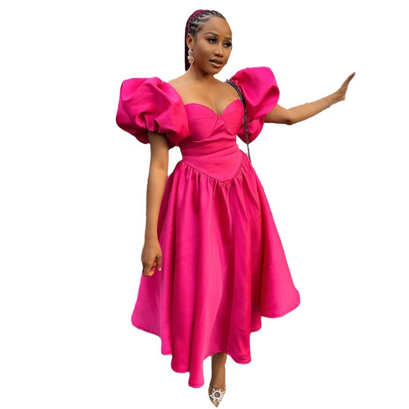 European and american export women's clothing  summer new fashion square neck puff sleeve solid color cinched waist midi dress