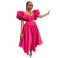 European and american export women's clothing  summer new fashion square neck puff sleeve solid color cinched waist midi dress