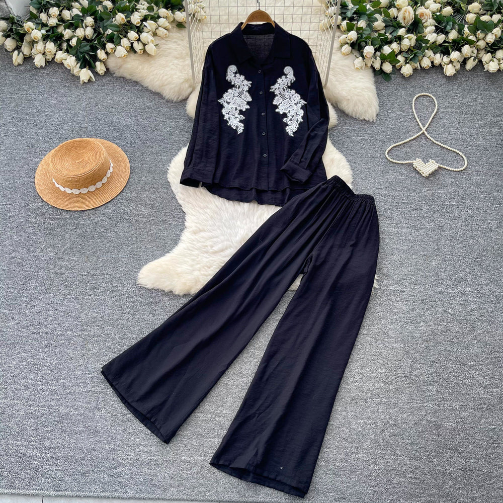 Lazy style pink embroidersequinshirtloose pantstwo-piece set female autumwork clothingslimming lookelegantfashionsuit