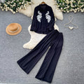 Lazy style pink embroidersequinshirtloose pantstwo-piece set female autumwork clothingslimming lookelegantfashionsuit