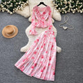 French romantic rose floral two-piece set for women - spring v-neck floral print lantern sleeve slimming chic outfit