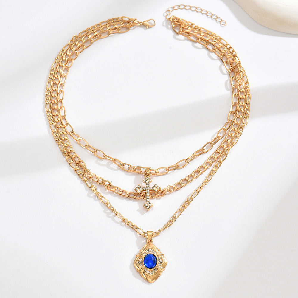New arrivalfashionstylishniche style blue gemstone square pendant necklace retro multi-layered cross clavicle chain accessories
