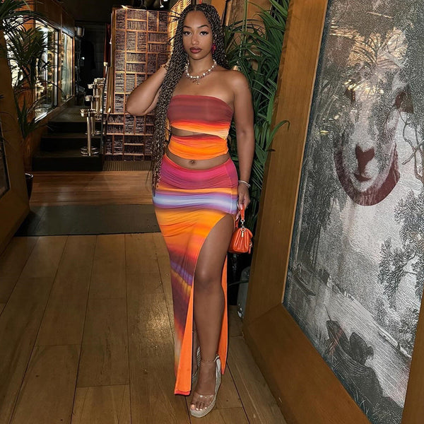European and American style ins  summer gradual change printing rainbow sleeveless fashion sexy tube top slim hip skirt set