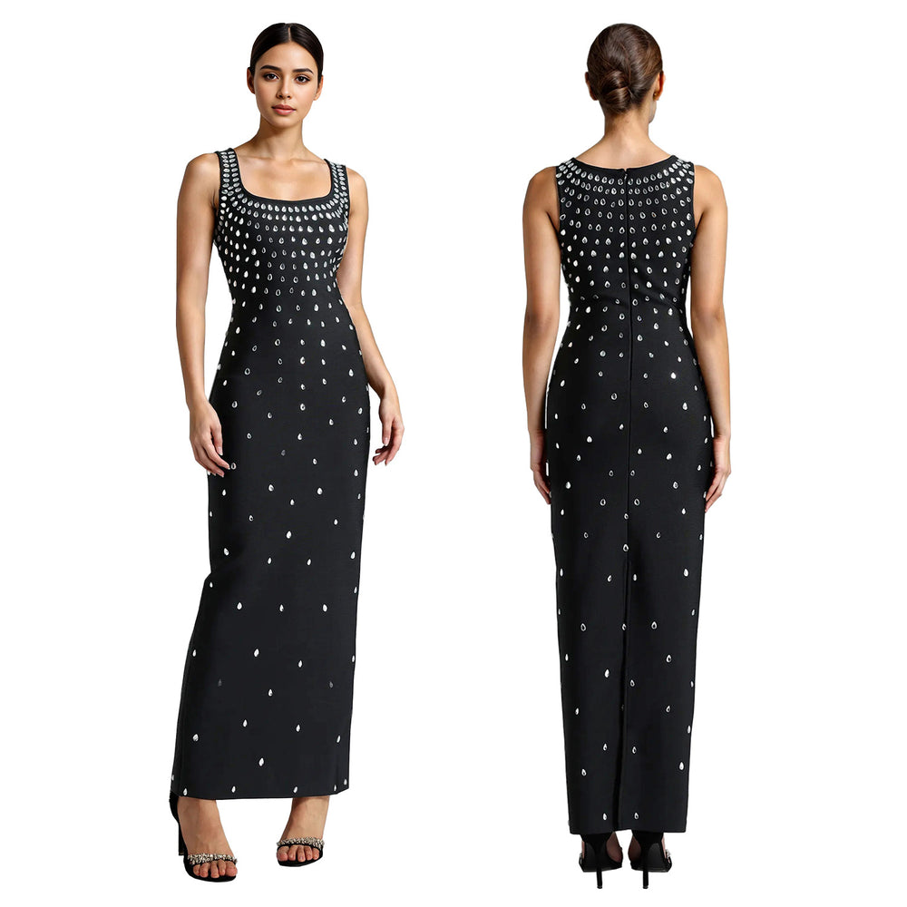 C7117 cross-border   fashion women's hotfix rhinestone u-neck sleeveless bodycon mini dress