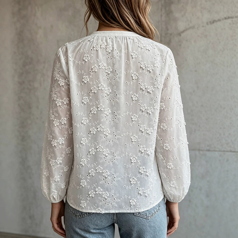 European and american style plus size hollow-out embroidered top - white floral embroidery v-neck single-breasted lantern sleeve lightweight blouse