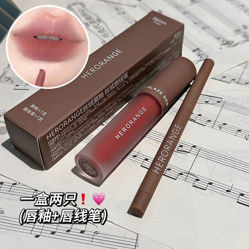 HERORANGE~ A box of two velvet matte lip glaze lip liner sets is not easy to smudge daily white lipstick