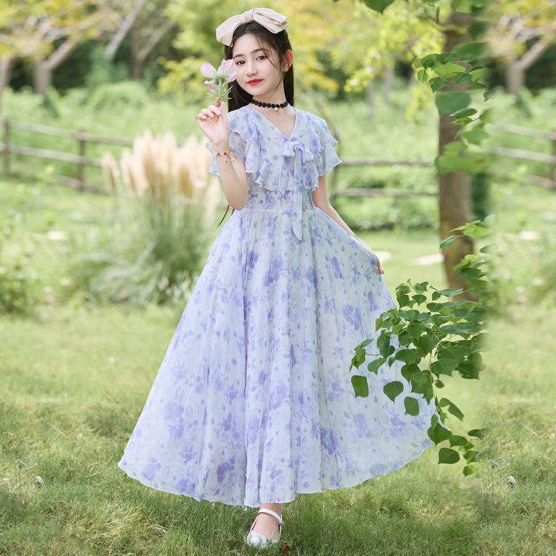 Girls' summer new collection dress - chiffon princess style, floral print beach dress for kids