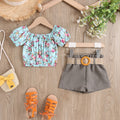 new summer collection: 100% cotton floral print stretch top with elasticated cuffs + woven shorts, includes linen belt - cross-border fashion for the us and europe