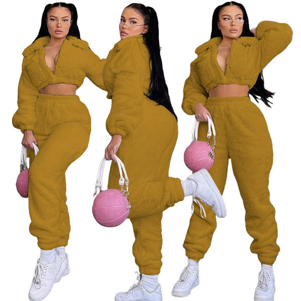 YD1107-A1 special products are non-refundable and non-exchangeable, European and American women's clothing, fashionable and casual plush solid color two-piece set.