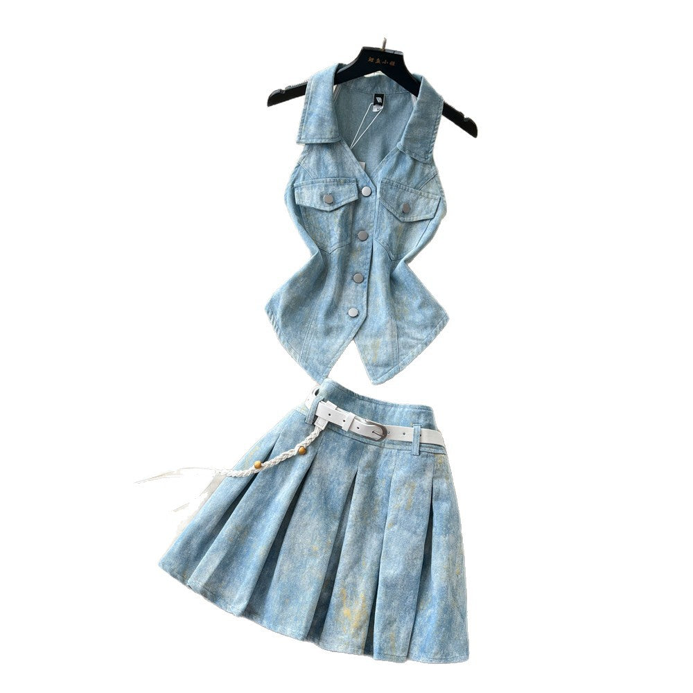 Korean style commute v-neck sleeveless denim vest two-piece set - women's summer slimming belted outfit