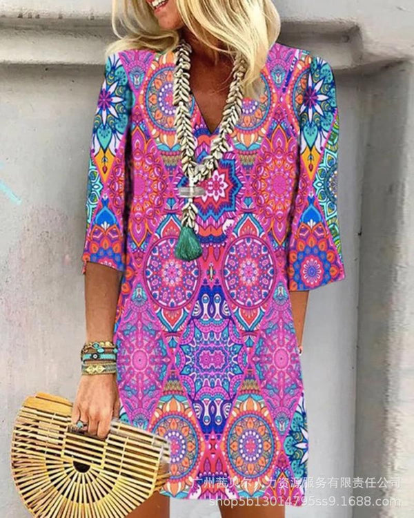 Foreign trade 2023 European and American new V-neck straight ethnic printing casual skirt