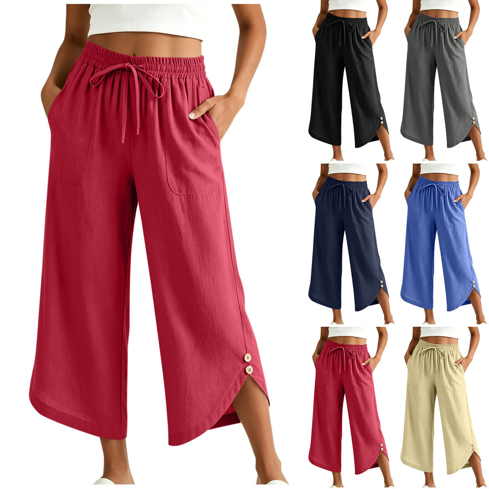 cross-border  women's summer lightweight solid color elastic waist drawstring pocket side button casual capri pants