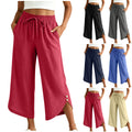 cross-border  women's summer lightweight solid color elastic waist drawstring pocket side button casual capri pants