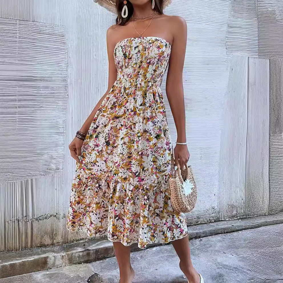 spring/summer new arrival: cross-border women's strapless dress with ruffle hem and sexy, elegant floral print