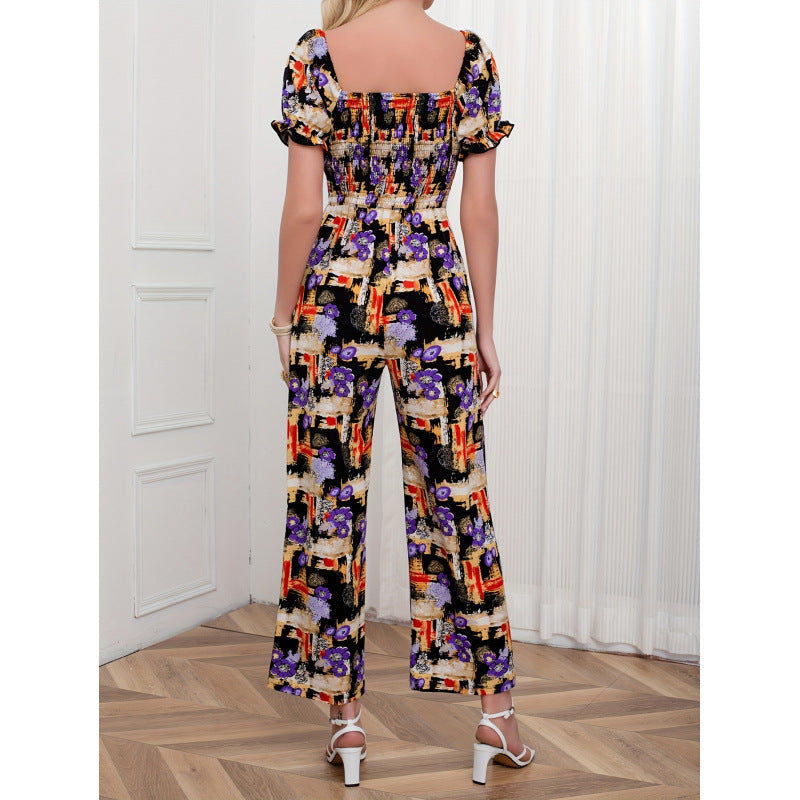 code new arrival  women's original fashion bohemia square neck printing jumpsuit