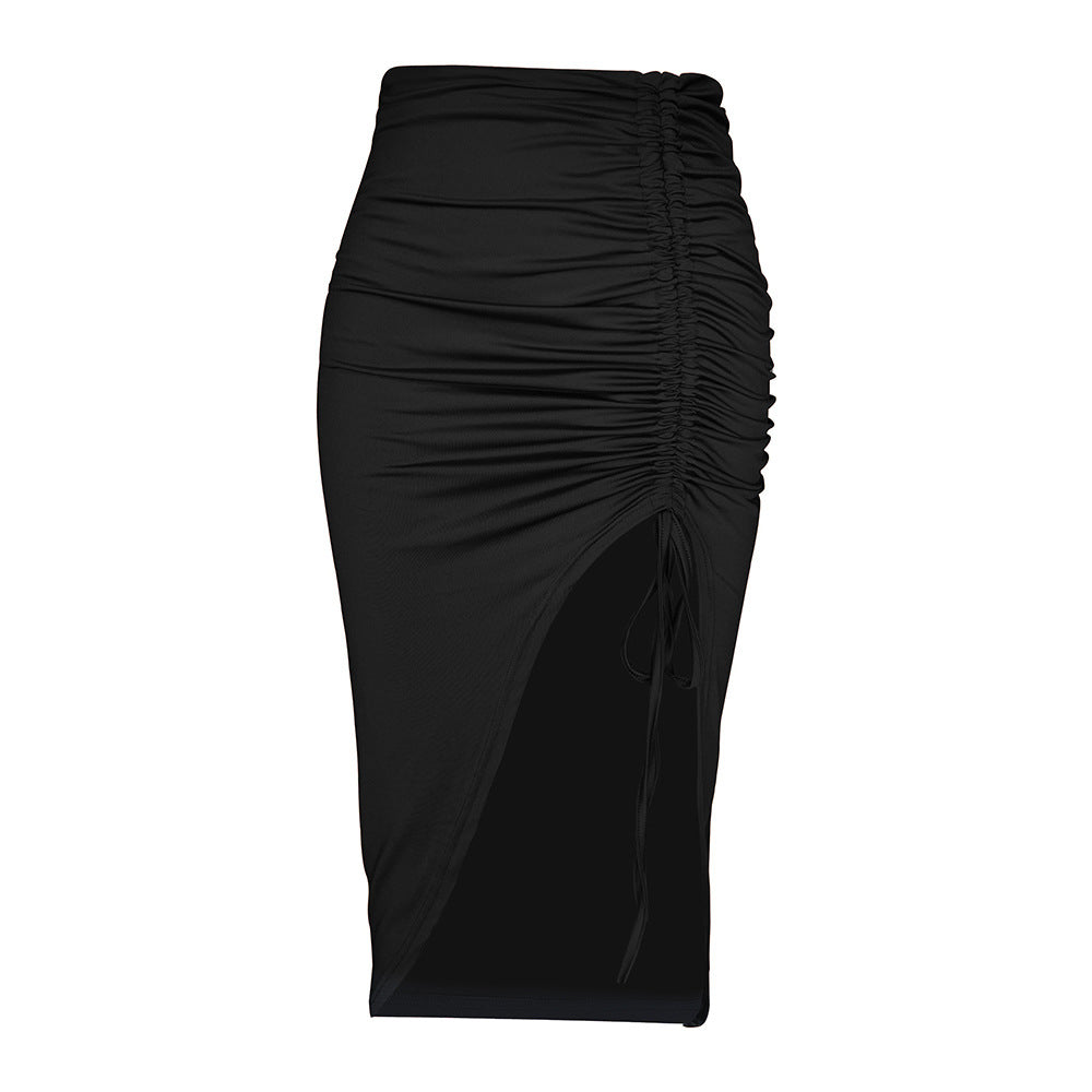 european and american cross-border women's fashion  sexy hot girl design side slit pleated drawstring bodycon midi skirt
