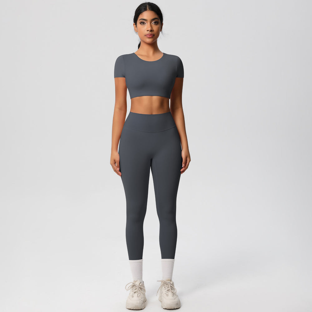 European and american nude feel compression quick-dry short sleeve yoga set outdoor casual training fitness apparel running sports set for women