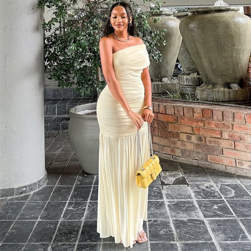 European and american cross-border women's fashion:  summer new arrival - elegant one-shoulder, slim-fit, slimming, mesh panel, ruched dress