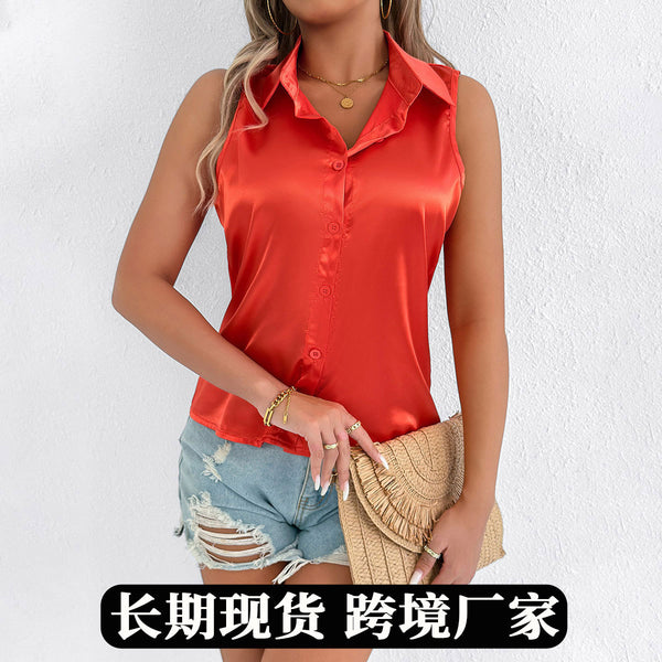 Real shot European and American satin women's shirt satin,  European beautiful women's fashion shirt satin top women's summer