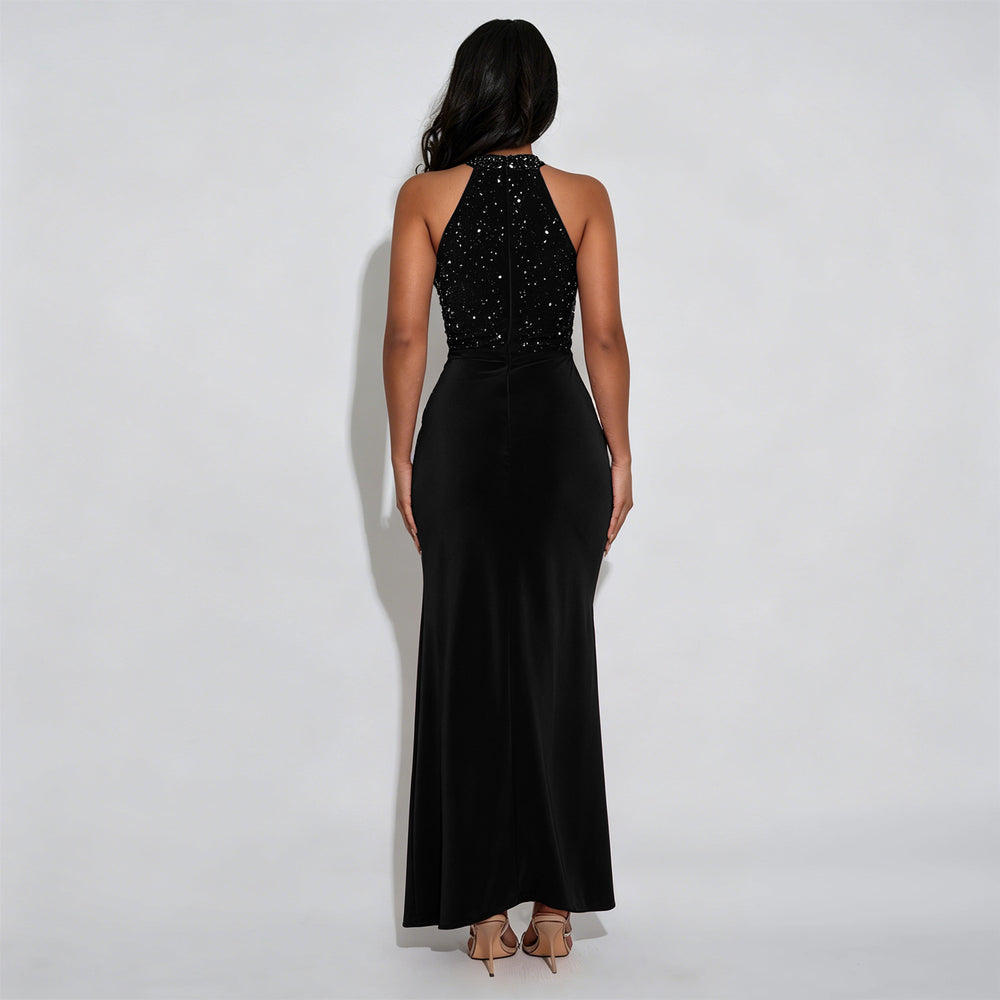 C7706 cross-border   fashion women's sexy off-shoulder rhinestone beaded slit dress