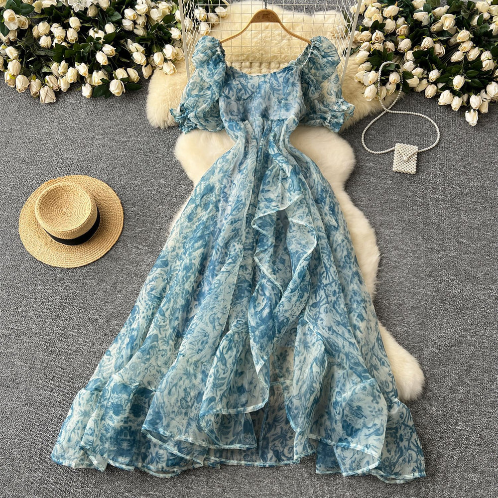 Organza square neck puff sleeve dress women's french elegant fairy waist ruffles puffy vacation long skirt