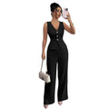 summer new women's solid color sleeveless slim-fit vest and high-waisted casual pants two-piece set - cross-border e-commerce