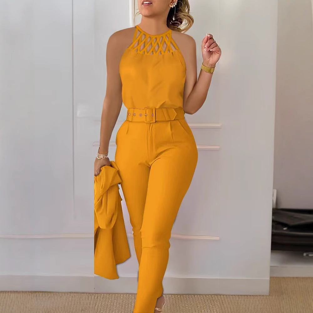 european and american cross-border women's fashion solid color criss-cross strap top and slim-fit casual pants two-piece set