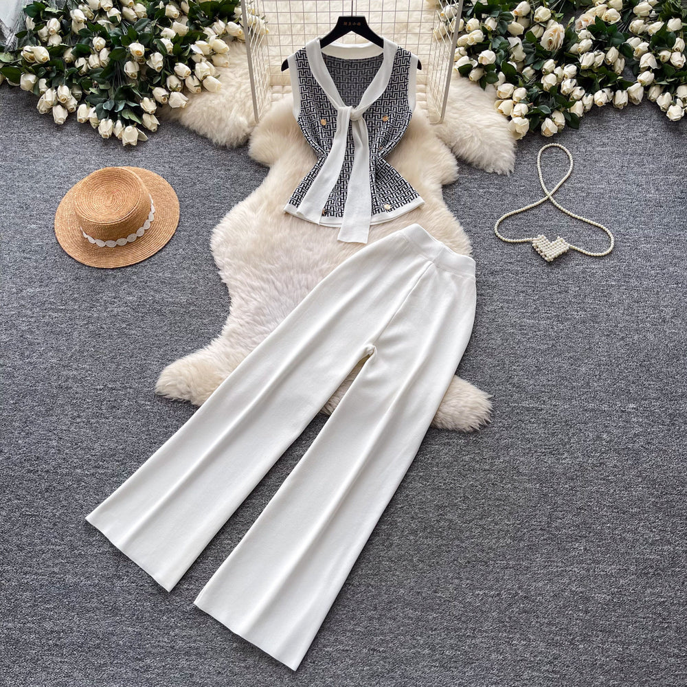 Korean style commute v-neck tank top & wide leg pants two-piece set - women's summer slimming, figure-flattering, high-end fashion outfit